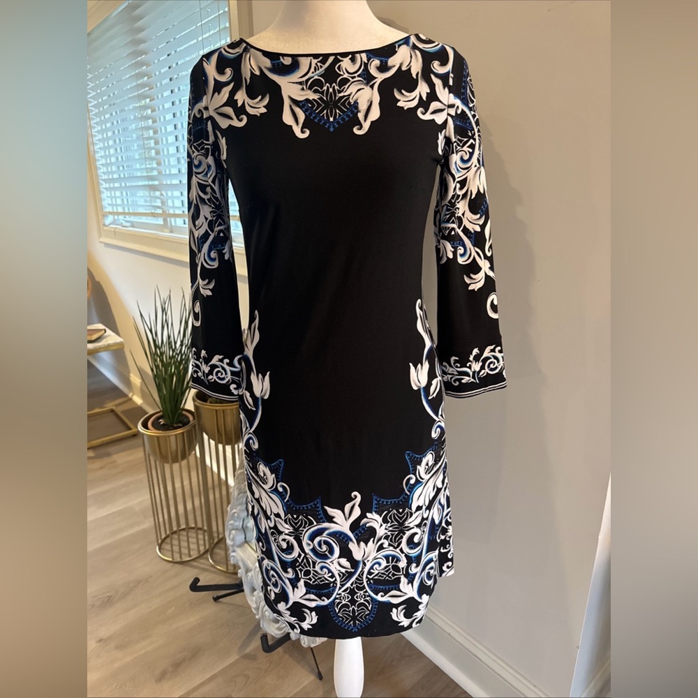 White House Black Market Black Dress with White and Blue Accents
